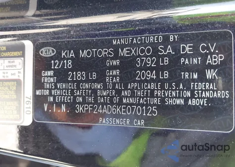2019 Kia Forte Lxs from USA, damaged, VIN 3KPF24AD6KE070125
